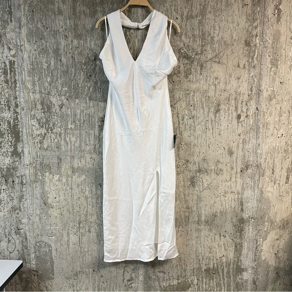 LULUS Women's Satin Deep V-Neck Halter Slit Maxi Dress Size L In White - Picture 2 of 7